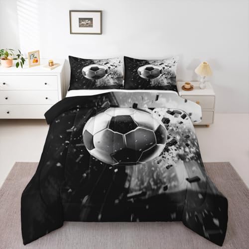 Image of Feelyou 3D Soccer Comforter Set Toddler Size Football Sport Theme Bedding Set for Kids Boys Girls Black Silver Duvet Quilt Bedroom Decor Microfiber 2 Pcs with 1 Pillow Cases
