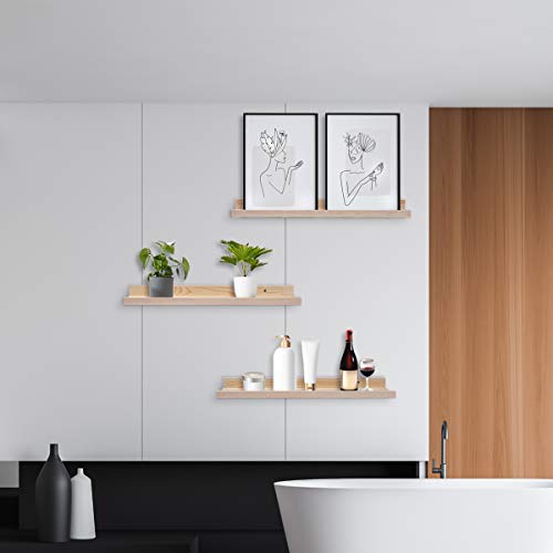 Azsky 24 Inch Floating Shelves Natural Wood Wall Mounted Set Of 3,Wooden Large Picture Ledge Shelf For Home Decoration For Bedrooms,Office,Living Room, Kitchen,3 Same Sizes #TOP3