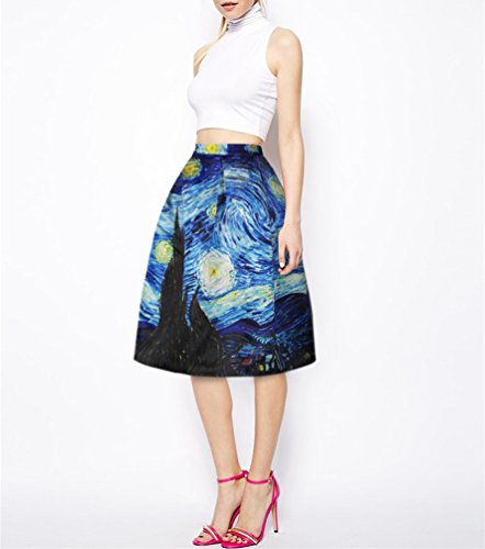 Women's Digital Print High Waisted A-Line Pleated Vintage Midi Skirts #TOP1