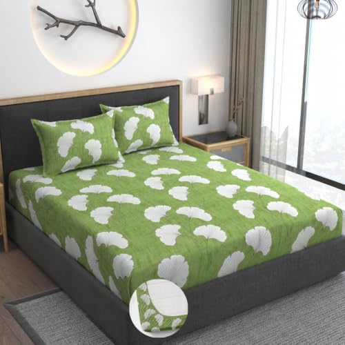 Image of Premium Heavy Cotton Elastic Fitted Bedsheets with 2 King Size Pillow Covers || Double Bed with All Around Elastic 350 TC || 60 x 78 x 8 Inch Queen Size Fitted || :- Green Jhaad