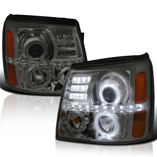 Spec-D Tuning LED Dual Halo Projector Headlights Smoke Lens Compatible with 2002-2006 Cadillac Escalade All, Left + Right Pair Headlamps Assembly