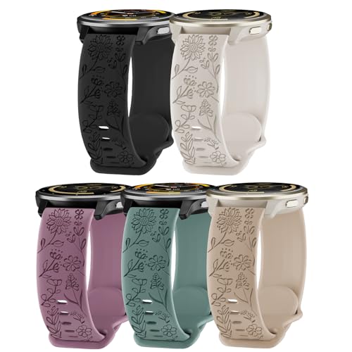 HQzon 5 Pack 22mm Floral Engraved Watch Bands Compatible with Garmin Venu 4 Watch Band 45mm/Venu 3/Venu 2/Vivoactive 4 /Forerunner 265/255/255 Music Soft Silicone Sport Straps for Women Men