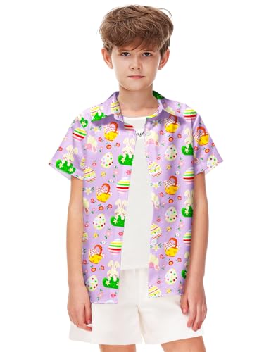 Image of Remimi Unisex Kids 4th of July Button Up Shirt Boys American Flag Print Hawaiian Beach Short Sleeve Tops 5-14 Years