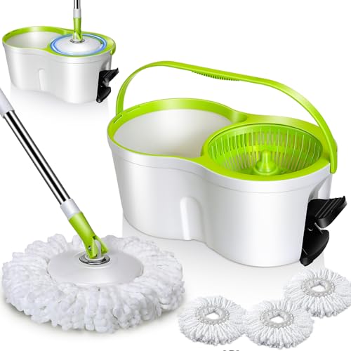 Almcmy - Almcmy Spin Mop and Bucket Set, Mop Bucket with Foot Pedal Wringer System, 3 Reusable Mop Refills, 130cm Long Handle, Easy Wring Magic Mop Floor Cleaning System, White