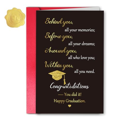 Lcmjjm Graduation Card, Inspirational Congrats Grad Card for College High School University, Sentimental Greeting Card for Son Daughter Friend, Large Black Gold Card with Envelope, 8 x 5.3 Inch