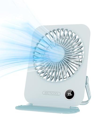 ARCTICOOL Small Table Fan with LED Display, 2000mAh Battery Rechargeable Fan with 5 Speeds, 5.8 Inch Mini Desktop Fan with 180° Tilt Folding and Phone Stand for Home and Office (Blue)