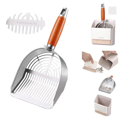 Custom 40% Thicker Side Edges 304 Stainless Steel Metal Cat Litter Scoop with Holder Stand Small Broom & Dustpan - Durable, Anti-Break Handle