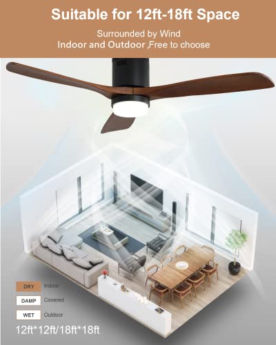 Rela Mall 52" Low Profile Ceiling Fan With Light Remote Control, 6-Speed Ceiling Fan, Minimalist Retro Style, Timing Ceiling Fan For Indoor/Bedroom/Kitchen, Walnut Blade + Black Body #TOP4