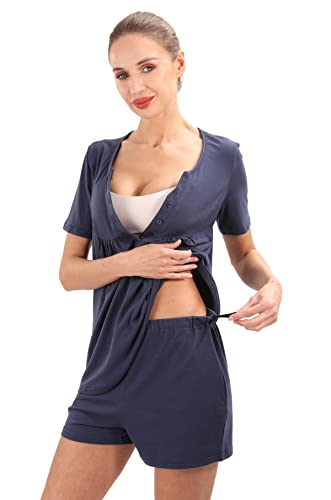 Vakaart Women's Maternity Nursing Pajama Set, Short Sleeve Top With Adjustable Waistband Shorts Breastfeeding Sleepwear Set For Hospital S-Xxl (M, Dark Blue) #TOP1