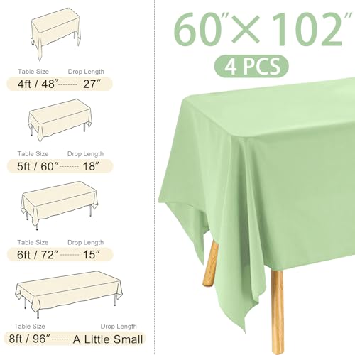Image of 4 Pack Rectangle Tablecloth 60x102 Inch Sage Green Washable Polyester Table Cover for Wedding Dining Table Parties Banquet(60x102 Sage Green)