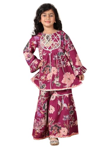 Image of superminis Girls Cotton Floral Printed Gotta Work Full Sleeves Kurti and Matching Sharara Ethnic Wear Set