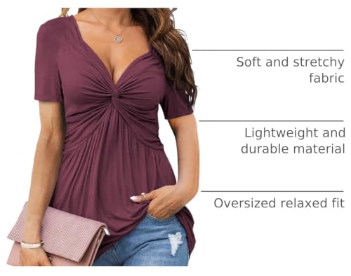Image of Tankaneo Womens Front Knotted V-Neck Blouse T Shirt Short Sleeve Oversized Tunic Tops Summer Solid Pullover Tees