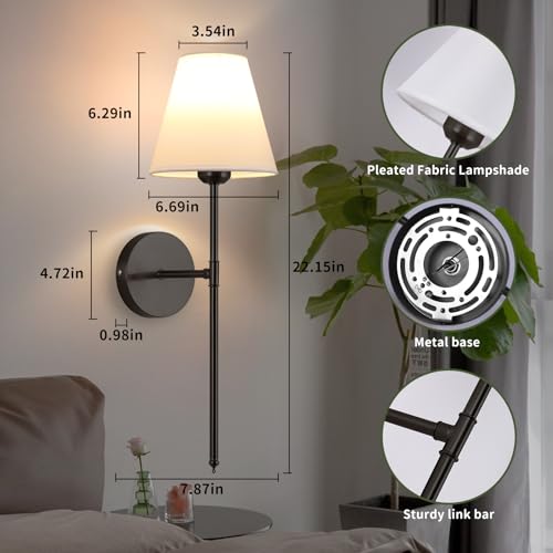 Image of Battery Operated Wall Sconce Set of 2,15 Colors Wireless Wall Light With Dimmable Remote Control Last 18-50 Hours,Black Rechargeable Wall Lamp With White Fabric Shade For Living Room Bedroom Hallway