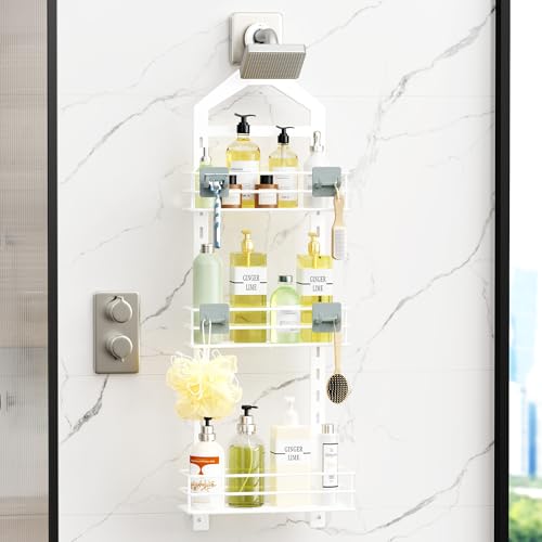 Orimade Adjustable Anti-slip Shower Caddy over Head, Rustproof Bathroom Hanging Shower Organizer with 2 Hooks for Razor, No Drilling Shower Shelves Storage Rack 3 Tier, White by Orimade - Image 2
