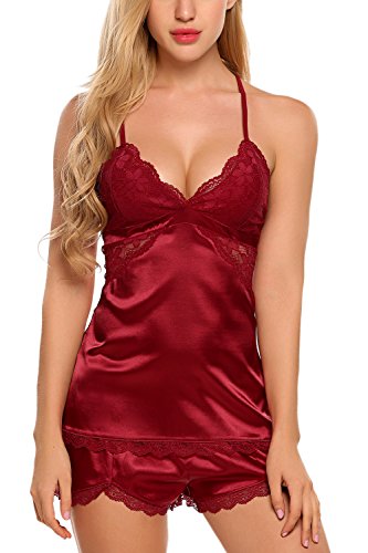 Avidlove Women Sleepwear Lace Pajamas Set Shorts Nightwear Camisole Sets 2-Piece Nightwear Dark Red XXL