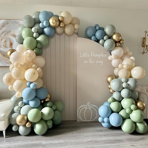 Image of Dusty Blue Green Balloons, 60 Pcs 12 Inch Haze Fog Blue Sage Green Balloons with Sand White Metallic Gold Balloon for Boho Baby Shower Wedding Birthday Engagement Bridal Shower Party Decoration