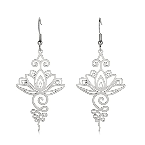 TEAMER Stainless Steel Lotus Flower Dangle Earrings Bohemian Drop Earring Unique Geometric Jewelry for Women