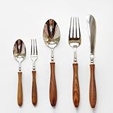 Yoho&mo Elegant Wood Handle Silverware Set - Premium PearWood Handle & 304 Stainless Steel Flatware Set for 1 - Wood Cutlery Set Perfect for Home Kitchen Dining & Special Occasions (1 Set-5 Piece)