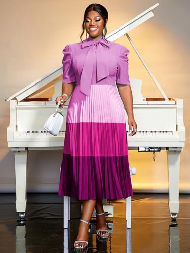 AOMEI Women's Colorblock Bowtie Neck Half Sleeve Pleated A-Line Midi Dress2