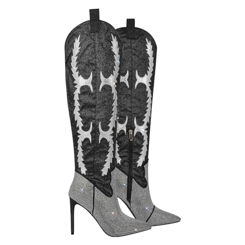 richealnini Women's Rhinestones Thigh High Boots with Stiletto Heels and Glitters Sexy Pointed Toe Riding Boots2