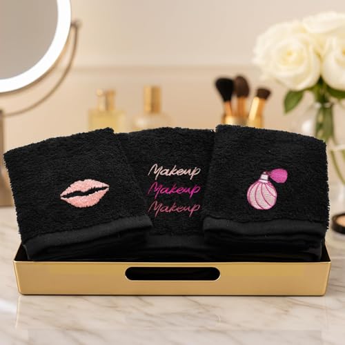 Image of DAN River Black Makeup Towels - Pack of 6 (13x13 in) - Ultra Soft Cotton Face Towels with Embroidery - Reusable, Quick-Dry & Machine Washable Makeup Remover Cloths for Bathroom, Spa & Salon