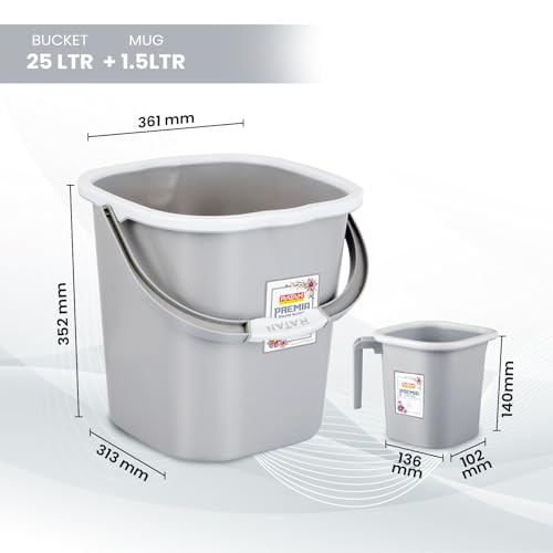 Image of RATAN PLASTICWARE Premia Bathroom Set (Bucket 5L X 1) + (Bucket 25L X 1) + (Mug 1.5L X 1) + (Small Stool X 1) - Diaso Grey|Easy to Carry | Perfect for Use in Bathrooms, Kitchen & Wet Utility Areas