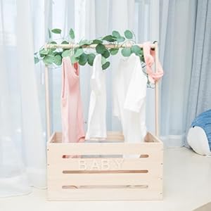 Wooden Baby Shower Crate Closet, Baby Basket with Hangers, Letters, Leaf Eucalyptus Rattan, and String Lights, Storage Crate Hamper, Baby Personailzed Basket for Pregnancy New Parent Wooden Baby Shower Crate Closet Baby Basket with Hangers Letters Leaf Eucalyptus Rattan and String Lights Storage Crate Hamper Baby Personailzed Basket for Pregnancy New Parent