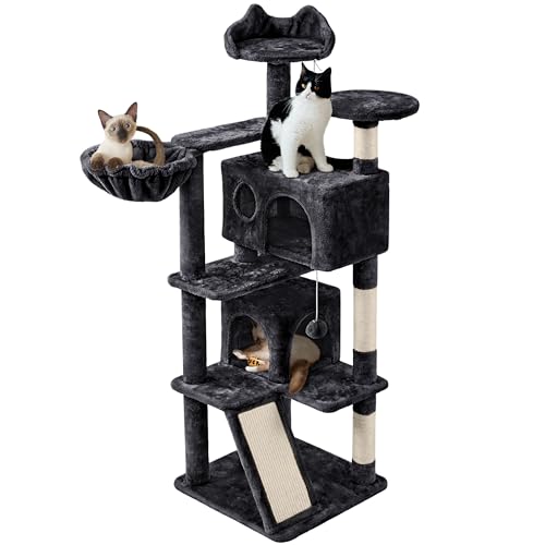 Yaheetech Cat Tree, 57 inches Cat Tower with Double Condo, Scratching Board and Basket, Cat Furniture for Indoor Cats Kitten- Black