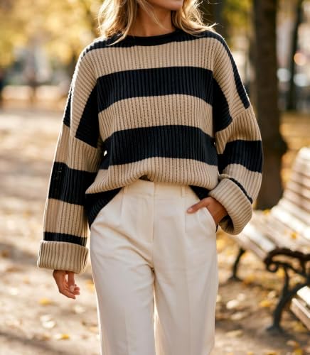 Image of Simier Fariry Womens Fall Winter Long Sleeve Oversized Striped Sweater
