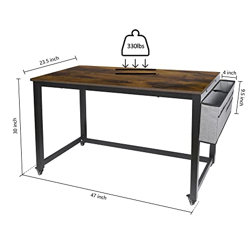Ahb 47" Rolling Computer Desk With 4 Smooth Wheels And 3 Iron Hooks, Simple Style Mobile Writing Desk Home Office Study Table Movable Workstation With Metal Frame #TOP5