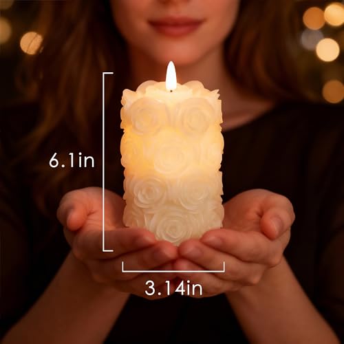 Image of LUSHARBOR Rose Flameless Candles with Remote, Battery Operated Candles Rose Flower for Valentine's Day LED Pillar Candles Battery Powered for Mother's Day & Weddings, Set of 2 Ivory