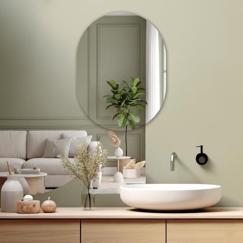 Image of Capsule-Shaped Frameless Wall Mirror - Modern Decorative Mirror for Bathroom, Bedroom, Entryway & Living Room. (18x24)
