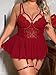 JuicyRose Sexy Plus Lingerie with Underwire Contrast Lace Mesh Garter Babydoll 4pcs Set(T063,Wine,2XL)