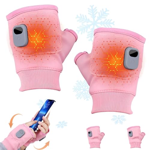 Rechargeable Heated Fingerless Gloves Portable Fingerless Heated Glove for Women Men 3-Speed Adjustable Electric Heated Gloves for Driving Working Indoor Outdoor Touchscreen (Pink)