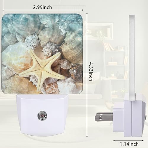 Image of Starfish Seashell on Beach Night Light, Summmer Beach Night Light Plug into Wall with Dusk to Dawn Sensor, LED Lamp Energy Saving Lights for Men Women Boys Girls,Lamp for Bedroom Bathroom Hallway