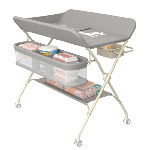 MUL-BOUTIQUE Table a Langer Pliante avec Panier de Rangement,pour Nouveau-né, Charge Max 25KG,Réglable en Hauteur,Table a Langer Bebe avec roulettes,80 * 73 * 86-94 cm (Gris)