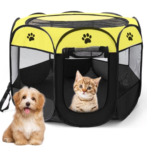 Recinto Cani da Interno, 74x74x43cm Recinto per Gatti, Box Pieghevole per Cane, Gabbia per Gatto Esterno, Box per Cucciolo Gattini Conigli, Giallo