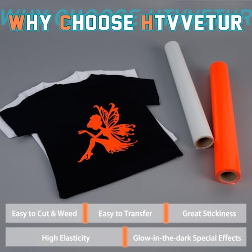 Image of HTVVETUR Glow in The Dark HTV Heat Transfer Vinyl Roll 12 Inch by 20 Feet Iron on DIY for T-Shirt PU Stretch Elastic HTV Vinyl (Dark in Glow Orange, 20FT)