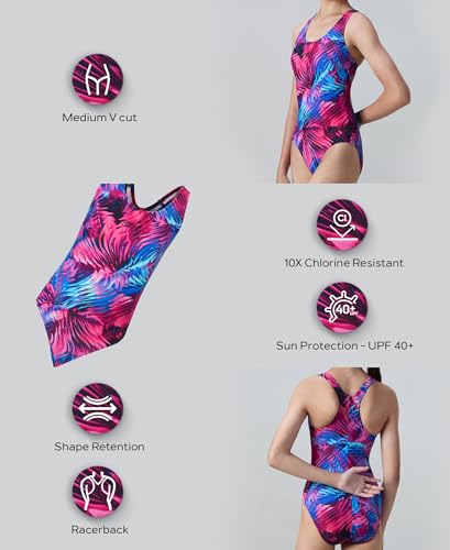 Image of Speedo Girl's Endurance10 Hyperboom Printed Racerback V-Cut One Piece Swimsuit | Swimming Costume for Girls | Shape Retention Fabric | UPF 40+ Sun Protection | Chlorine Resistance