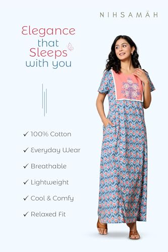 Image of NIHSAMAH Cotton Nighty for Women - Printed Stylish Night Gown, Comfortable Sleepwear Long Nightwear, Maxi