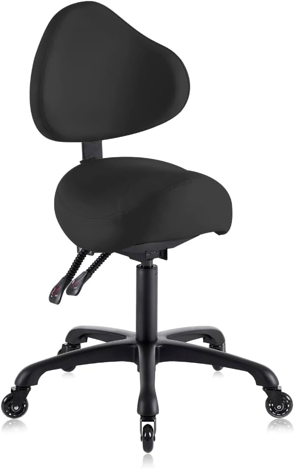 Pneumatic Swivel Rolling Saddle Chair with Wheels and Ergonomic Back Support for Hair Stylist, Dental Hygienist, Hygienic Clinic, Spa, Massage, Home, Office - 510 KOA (Black, Standard) Standard Black