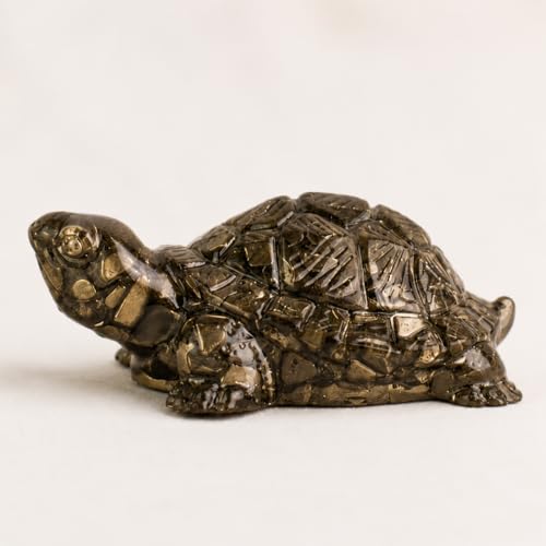 ELA VEDA Natural Pyrite Tortoise Turtle Figurine for Wealth Good Luck & Prosperity Feng Shui Crystal Turtle for Home Office Desk Decor Positive Energy Spiritual Gift