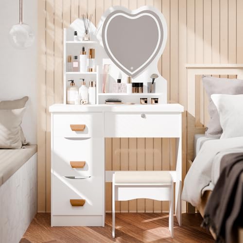 SwiftPath Coiffeuse avec Miroir en Forme de cœur éclairé par LED, 4 tiroirs, étagères Ouvertes, Table de Toilette avec Tabouret, pour Le Maquillage, la...