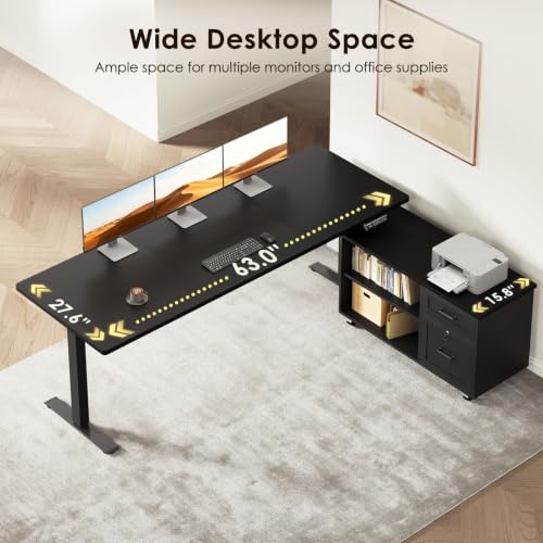 Image of OffiGo 63 Inch L Shaped Electric Standing Desk with Cabinet Sets, Black | Mobile Drawers & File Cabinet Sets for Flexible Layout, Height Adjustable Executive Stand Up Desk for Home Office Workstation