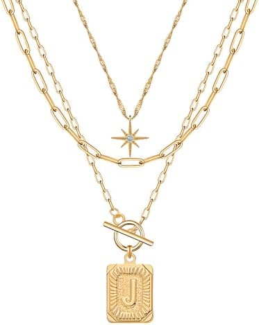 Paxuan Dainty Gold 3-Layer Personalized Initial Necklace for Women - 18K Gold Layered Letter Pendant Necklace Adjustble Paperclip Chain Choker Necklace Jewelry Gifts with Star Charm (Letter J)