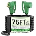 POWGRN 30 Amp RV Extension Cord 75 FT Outdoor with Grip Handle, Flexible Heavy Duty 10/3 Gauge STW 3 Prong RV Power Cord Waterproof, NEMA TT-30P to TT-30R, Black-Green, ETL Listed