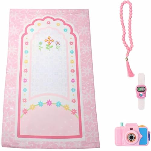 EpicArma 4-in-1 Kids Prayer Mat Pink Islamic Salah Rug with Tasbih Digital Finger Counter & Toy Camera Soft Lightweight Janamaz for Children Special Gift for Ramadan & Eid