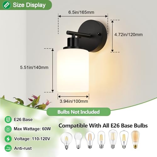 Image of Set of 2 Wall Sconces for Bathroom,Black Modern Vanity Lights with Milky White Frosted Glass Shades,Bathroom Wall Lamp, for Bathroom, for Mirror, Living Room, Kitchen, Hallway, Cabinet, Porch