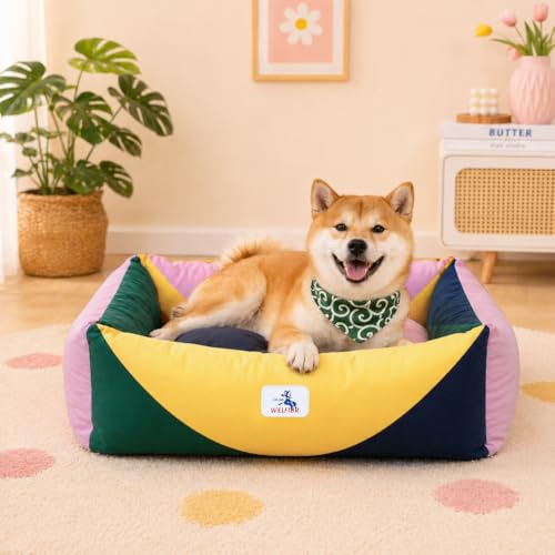 Image of Cotton Canvas Dog Bed, Pink Dog Bed Medium Size Dog, 30 inchx25 inchx10 inch Puppy Bed with Washable Removable Cover, Durable 290 GSM Cotton Anti-Chewing Pet Bed with Anti-Slip Bottom, Pink&Yellow&Green