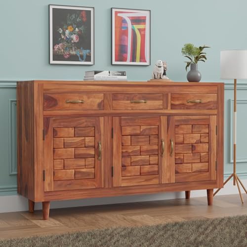 Image of Solid Sheesham Wood Sideboard Cabinet with 3 Door & 3 Drawer Storage | Wooden Storage Organizer for Living Room Dining Kitchen Bedroom Hallway | Honey Finish | Pre-Assembled
